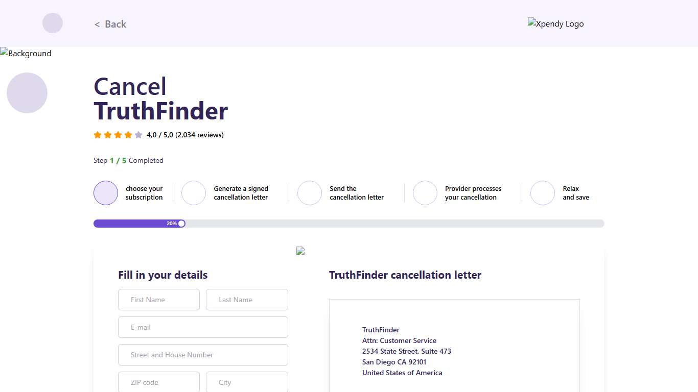 Cancel TruthFinder within 2 minutes Xpendy